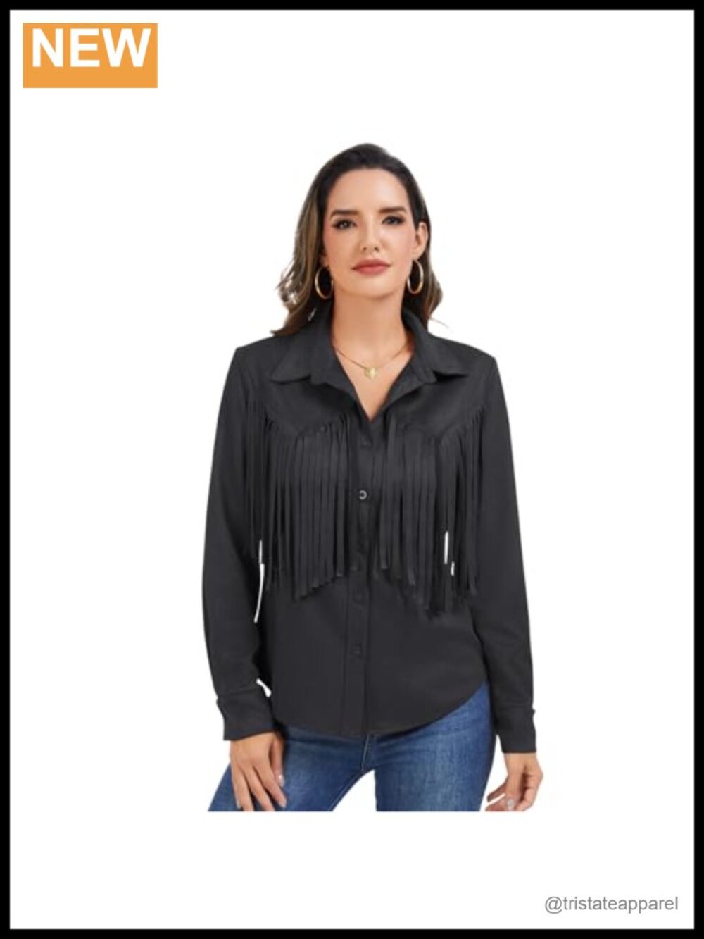 Women's Fringe Western Shirt, Faux Suede Leather Long Sleeve Button Up